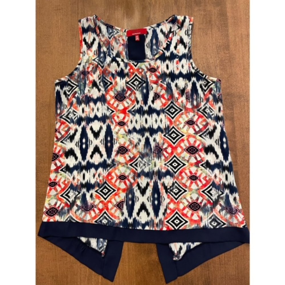 RED Saks Fifth Avenue Navy Printed Split-Back Tank, Size Medium
